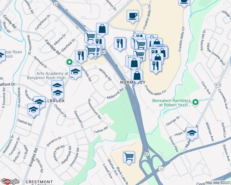 map of restaurants, bars, coffee shops, grocery stores, and more near 12036 Millbrook Road in Philadelphia
