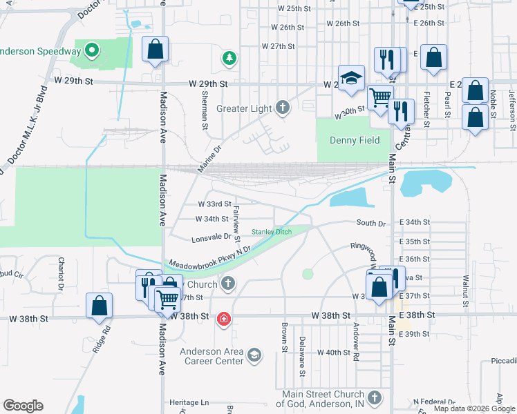 map of restaurants, bars, coffee shops, grocery stores, and more near 311 West 33rd Street in Anderson
