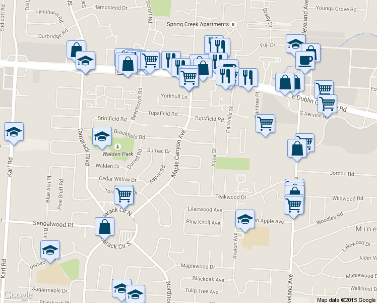 map of restaurants, bars, coffee shops, grocery stores, and more near 2124 Sumac Loop North in Columbus