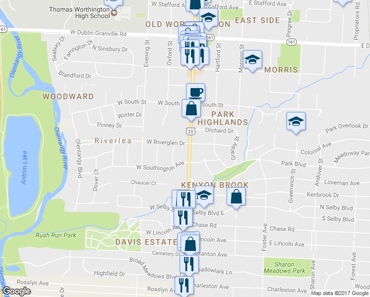 map of restaurants, bars, coffee shops, grocery stores, and more near 5811 North High Street in Columbus