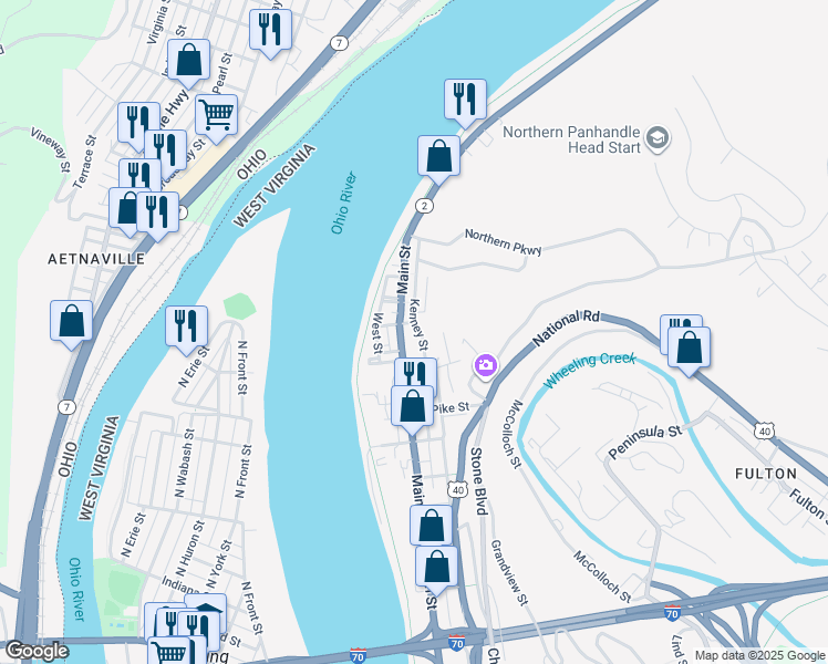 map of restaurants, bars, coffee shops, grocery stores, and more near 305 Kenney Street in Wheeling
