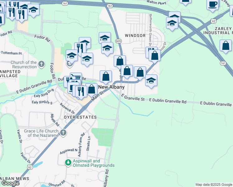 map of restaurants, bars, coffee shops, grocery stores, and more near 21 East Dublin Granville Road in New Albany