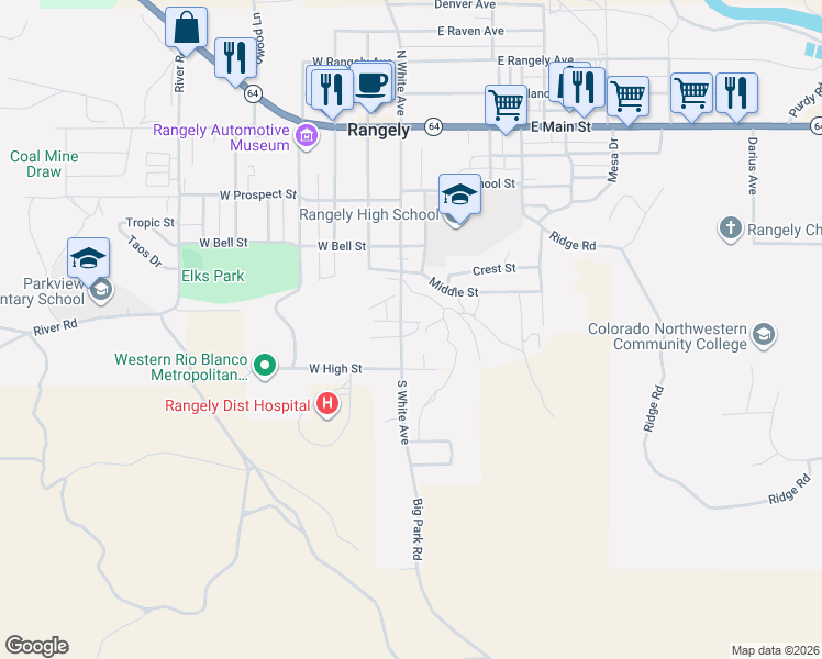 map of restaurants, bars, coffee shops, grocery stores, and more near 505 South White Avenue in Rangely