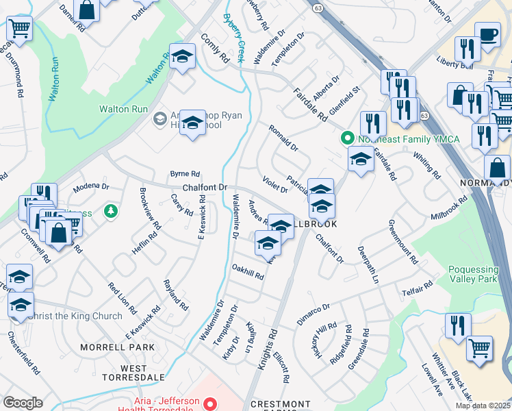 map of restaurants, bars, coffee shops, grocery stores, and more near 3803 Andrea Road in Philadelphia