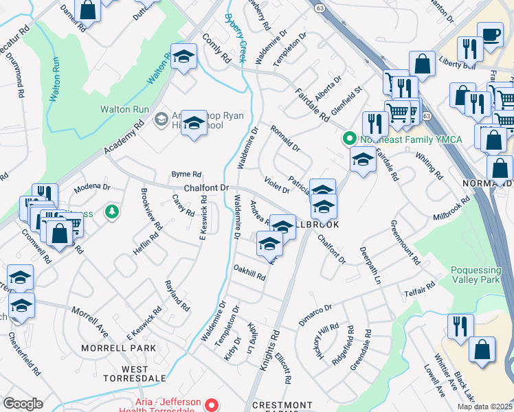 map of restaurants, bars, coffee shops, grocery stores, and more near 3803 Andrea Road in Philadelphia