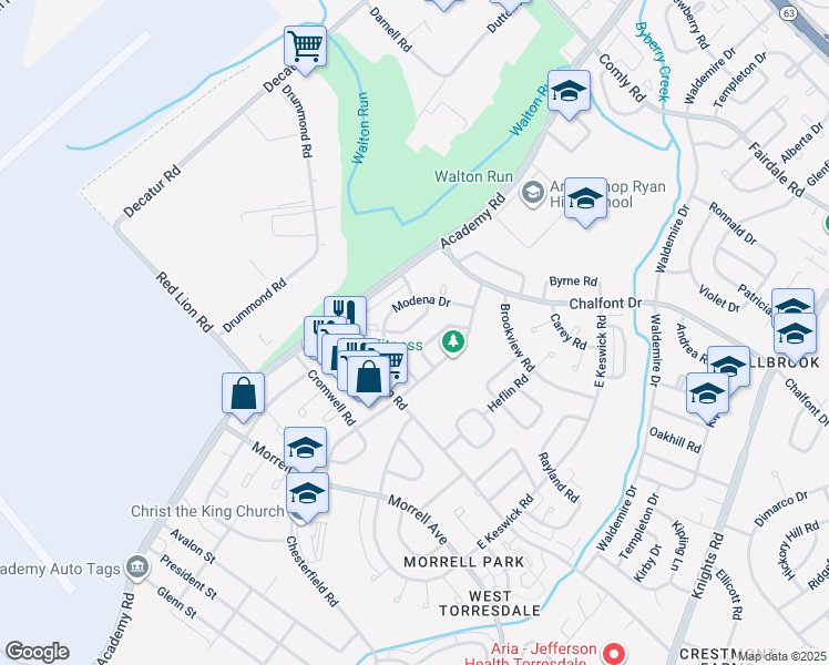 map of restaurants, bars, coffee shops, grocery stores, and more near 10831 Harrow Road in Philadelphia
