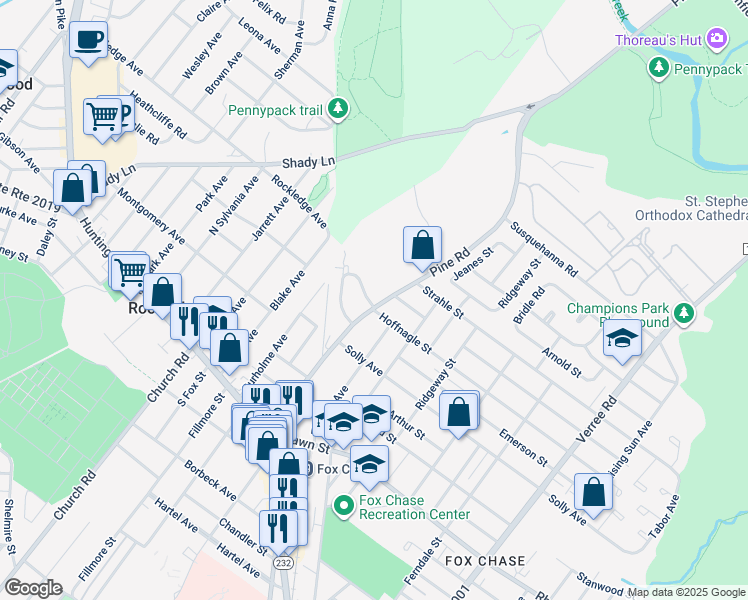 map of restaurants, bars, coffee shops, grocery stores, and more near 8300 Pine Road in Philadelphia