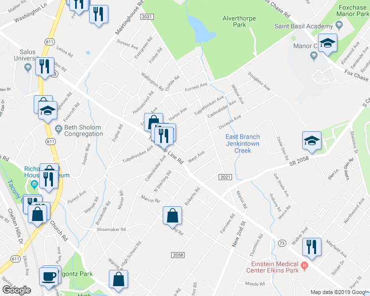 map of restaurants, bars, coffee shops, grocery stores, and more near 202 Osceola Avenue in Elkins Park