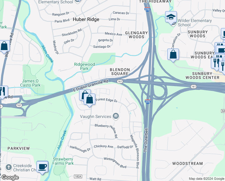 map of restaurants, bars, coffee shops, grocery stores, and more near 5345 Trillium Court in Columbus