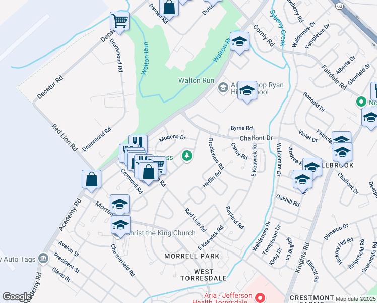 map of restaurants, bars, coffee shops, grocery stores, and more near 10843 Perrin Road in Philadelphia
