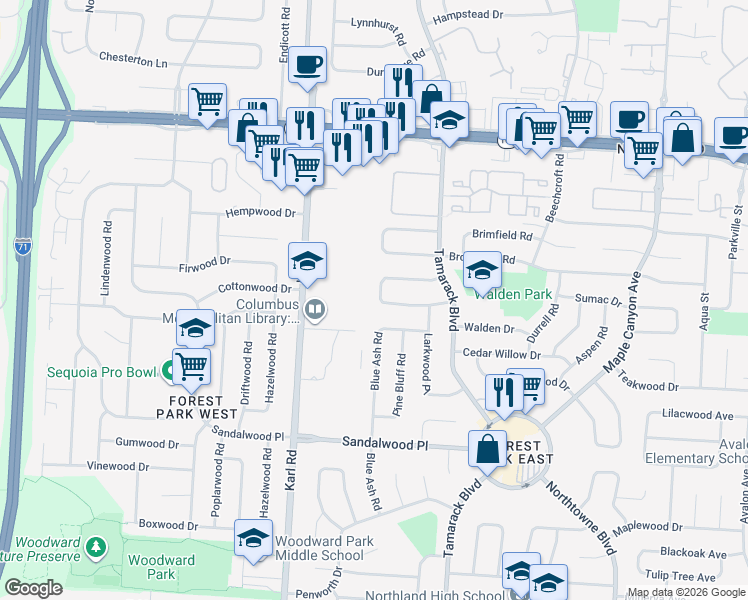 map of restaurants, bars, coffee shops, grocery stores, and more near 5579 Rocky Pine Loop North in Columbus