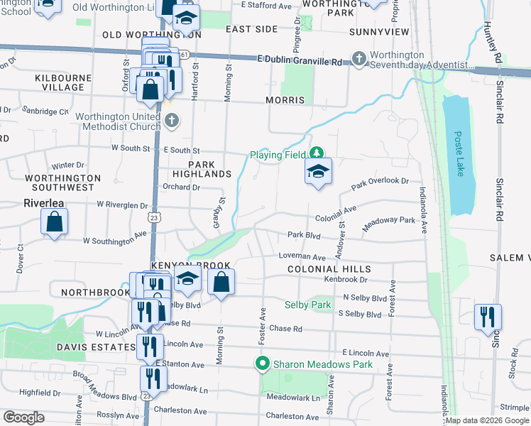 map of restaurants, bars, coffee shops, grocery stores, and more near 250 Colonial Avenue in Worthington