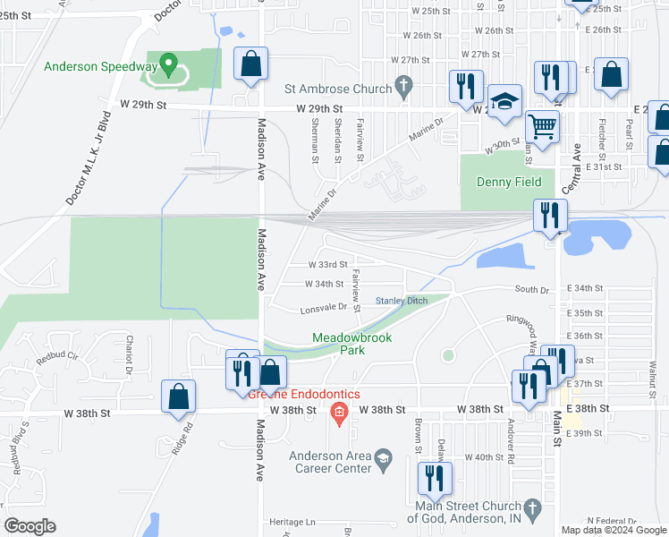 map of restaurants, bars, coffee shops, grocery stores, and more near 513 West 33rd Street in Anderson