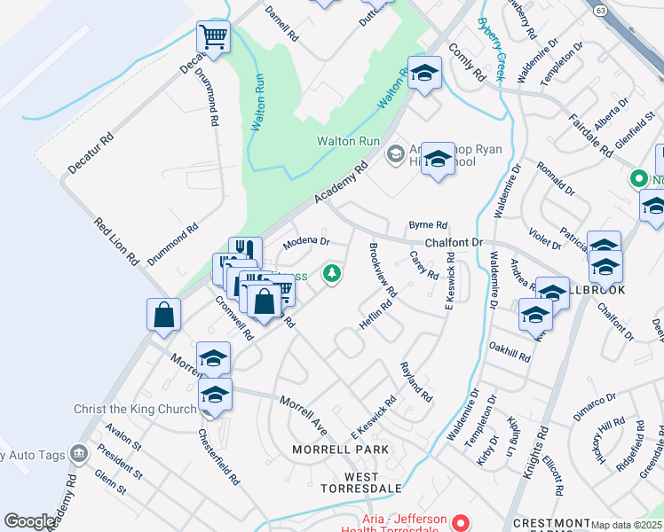 map of restaurants, bars, coffee shops, grocery stores, and more near 10839 Perrin Road in Philadelphia