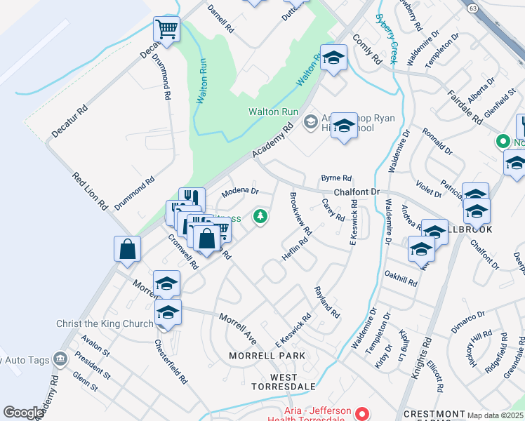 map of restaurants, bars, coffee shops, grocery stores, and more near 10843 Perrin Road in Philadelphia