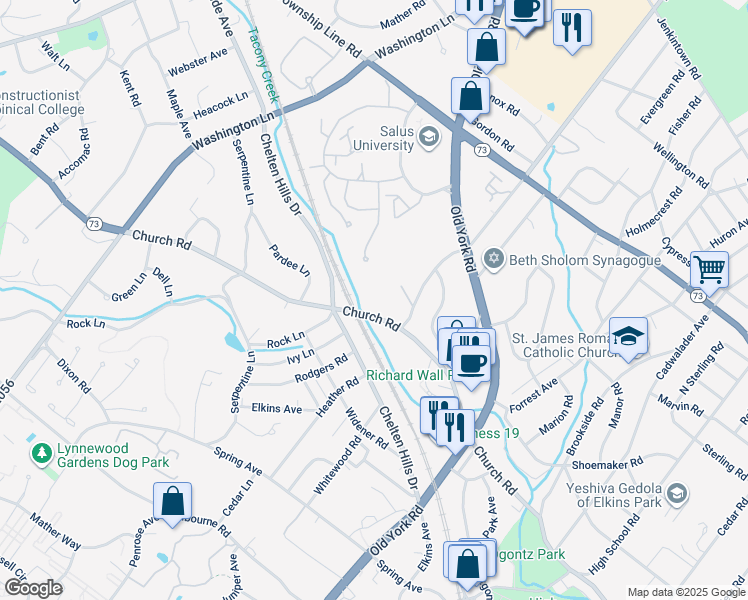 map of restaurants, bars, coffee shops, grocery stores, and more near 100 Breyer Drive in Elkins Park