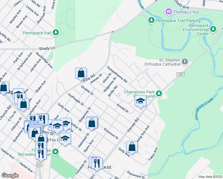 map of restaurants, bars, coffee shops, grocery stores, and more near 8502 Bridle Road in Philadelphia