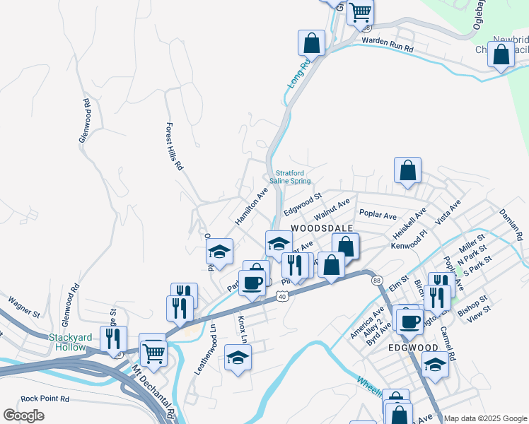 map of restaurants, bars, coffee shops, grocery stores, and more near 25 Park Road in Wheeling