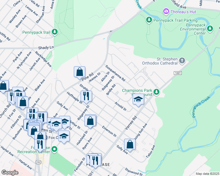 map of restaurants, bars, coffee shops, grocery stores, and more near 8502 Bridle Road in Philadelphia