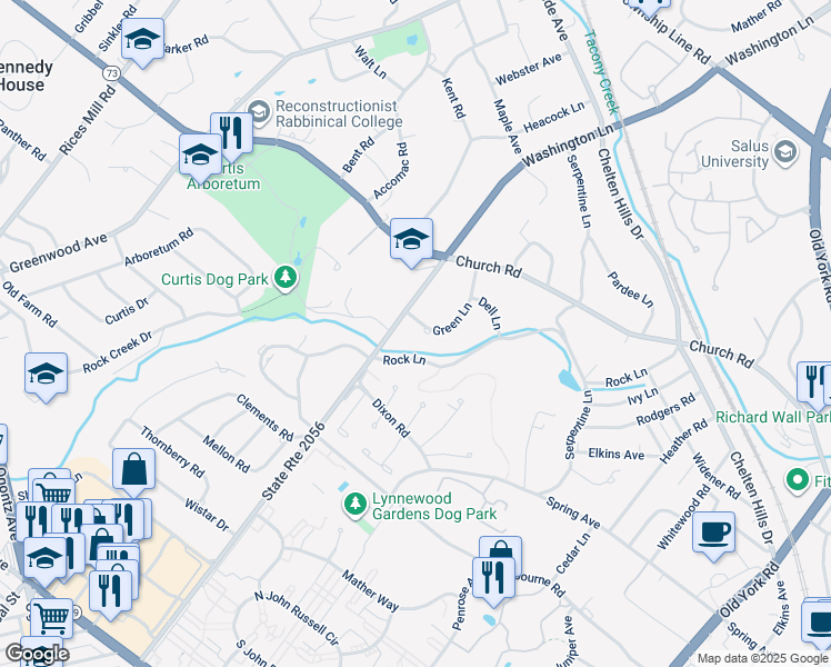 map of restaurants, bars, coffee shops, grocery stores, and more near 7915 Green Lane in Wyncote