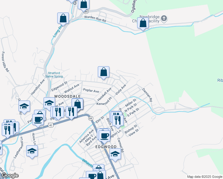 map of restaurants, bars, coffee shops, grocery stores, and more near 64-80 Heiskell Avenue in Wheeling