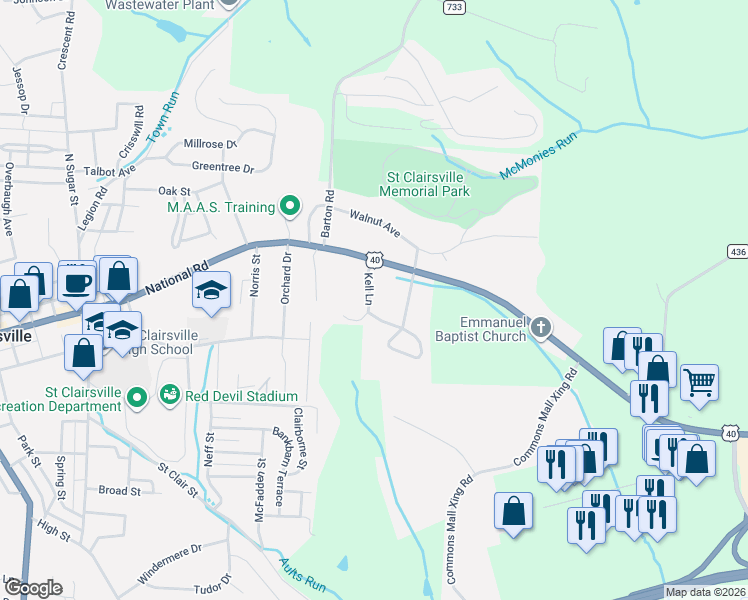 map of restaurants, bars, coffee shops, grocery stores, and more near 107 Spring Park Avenue in Saint Clairsville