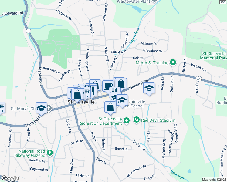 map of restaurants, bars, coffee shops, grocery stores, and more near 183 East Main Street in Saint Clairsville
