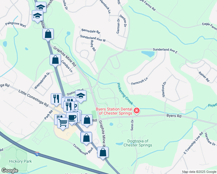 map of restaurants, bars, coffee shops, grocery stores, and more near 237 Flagstone Road in Chester Springs