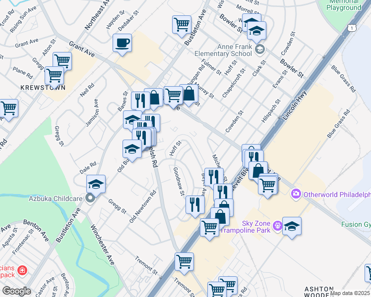 map of restaurants, bars, coffee shops, grocery stores, and more near 9368 Clark Street in Philadelphia