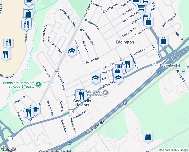 map of restaurants, bars, coffee shops, grocery stores, and more near 2422 Bowman Avenue in Cornwells Heights