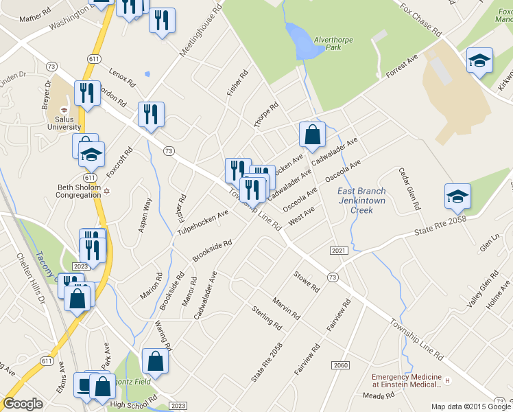 map of restaurants, bars, coffee shops, grocery stores, and more near 907 Township Line Road in Elkins Park