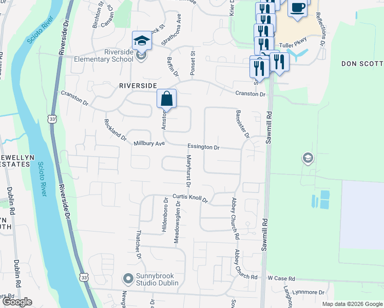 map of restaurants, bars, coffee shops, grocery stores, and more near 6222 Maryhurst Drive in Dublin