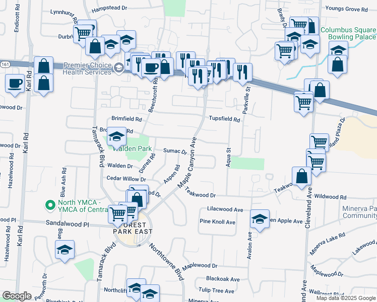 map of restaurants, bars, coffee shops, grocery stores, and more near 5523 Maple Canyon Avenue in Columbus