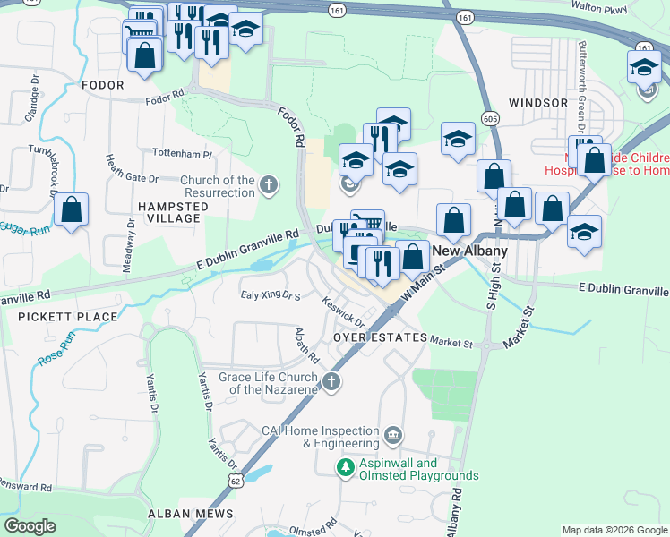 map of restaurants, bars, coffee shops, grocery stores, and more near 160 Market Street in New Albany