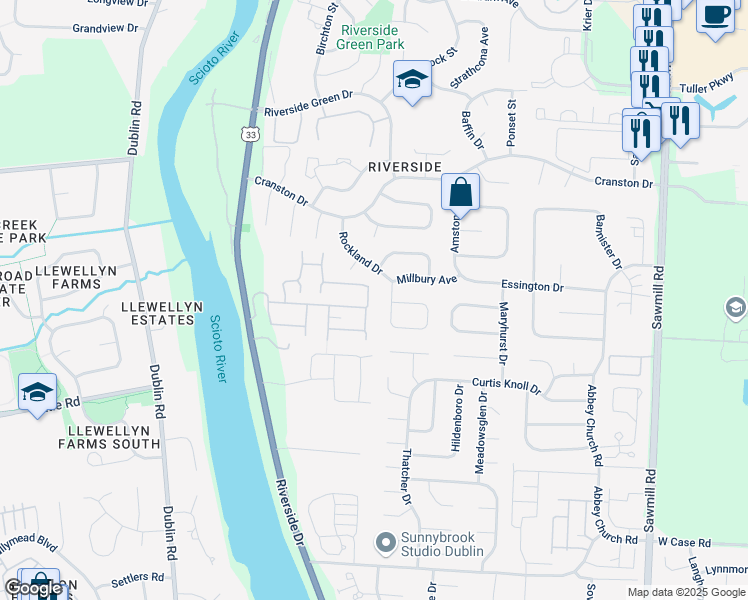 map of restaurants, bars, coffee shops, grocery stores, and more near 6198 Scioto Highland Road in Dublin