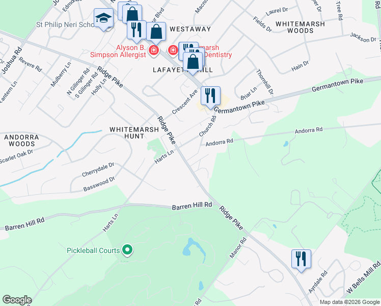 map of restaurants, bars, coffee shops, grocery stores, and more near 3005 Park Ave in Lafayette Hill