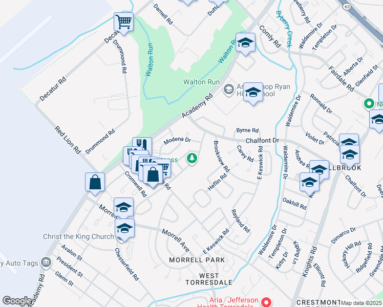 map of restaurants, bars, coffee shops, grocery stores, and more near 10839 Perrin Road in Philadelphia