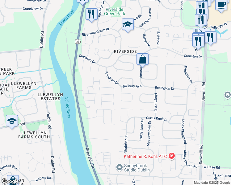 map of restaurants, bars, coffee shops, grocery stores, and more near 6198 Scioto Highland Road in Dublin