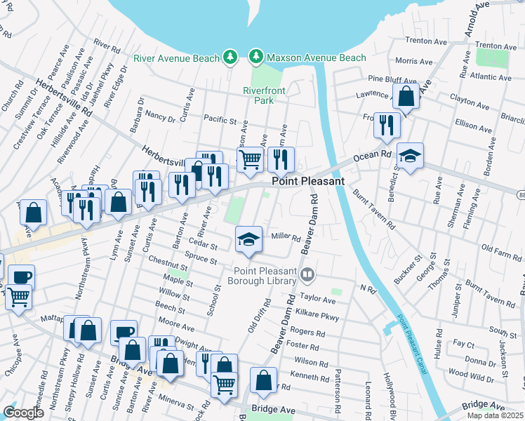 map of restaurants, bars, coffee shops, grocery stores, and more near 717 Oakwood Road in Point Pleasant