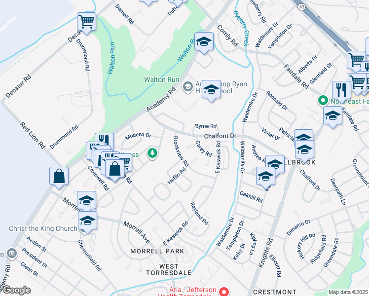 map of restaurants, bars, coffee shops, grocery stores, and more near 10900 Carey Terrace in Philadelphia