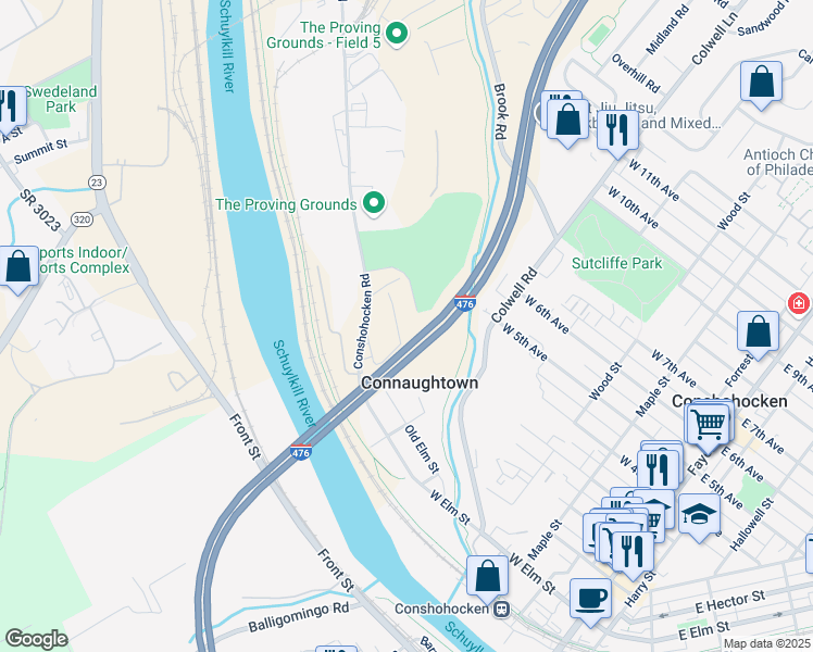 map of restaurants, bars, coffee shops, grocery stores, and more near 626 Fulton Street in Conshohocken