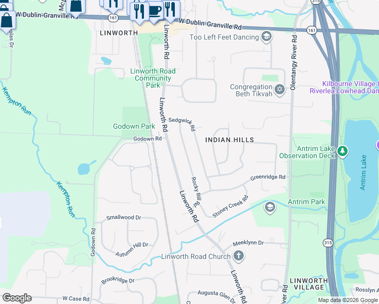 map of restaurants, bars, coffee shops, grocery stores, and more near 5996 Rocky Rill Road in Columbus