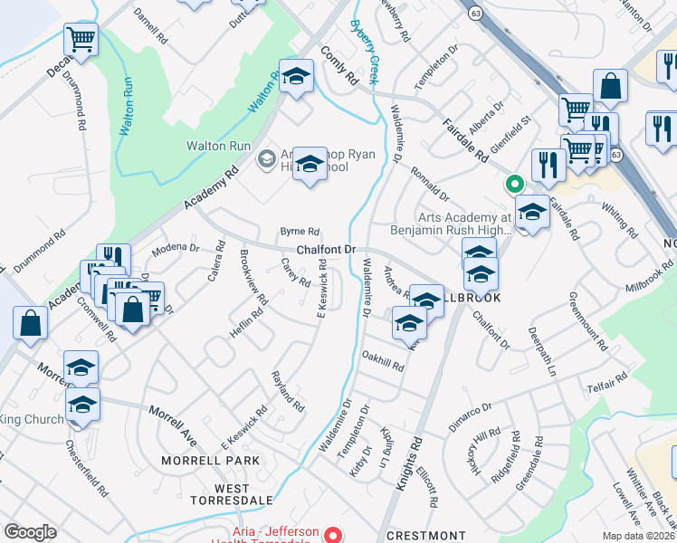 map of restaurants, bars, coffee shops, grocery stores, and more near 3698 Fenn Drive in Philadelphia