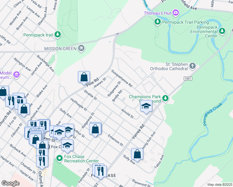map of restaurants, bars, coffee shops, grocery stores, and more near 8511 Bridle Road in Philadelphia