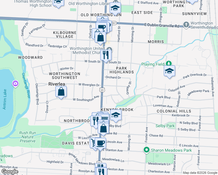 map of restaurants, bars, coffee shops, grocery stores, and more near 27 East Riverglen Drive in Worthington