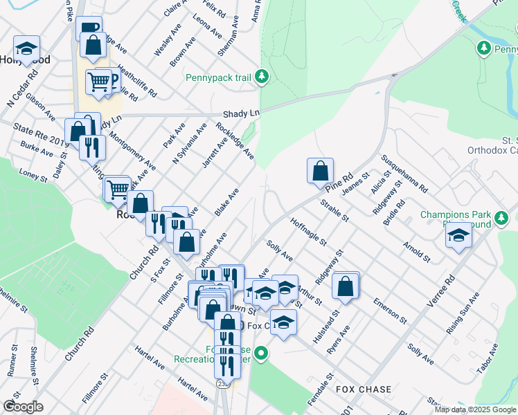 map of restaurants, bars, coffee shops, grocery stores, and more near 8224 Rockwell Avenue in Philadelphia