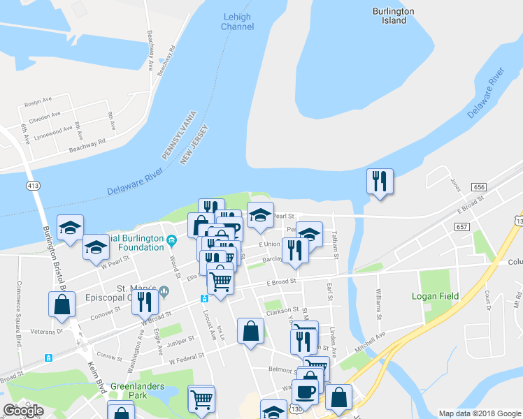 map of restaurants, bars, coffee shops, grocery stores, and more near 213 East Pearl Street in Burlington