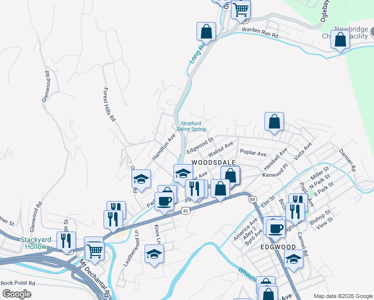 map of restaurants, bars, coffee shops, grocery stores, and more near 2 Edgwood Street in Wheeling