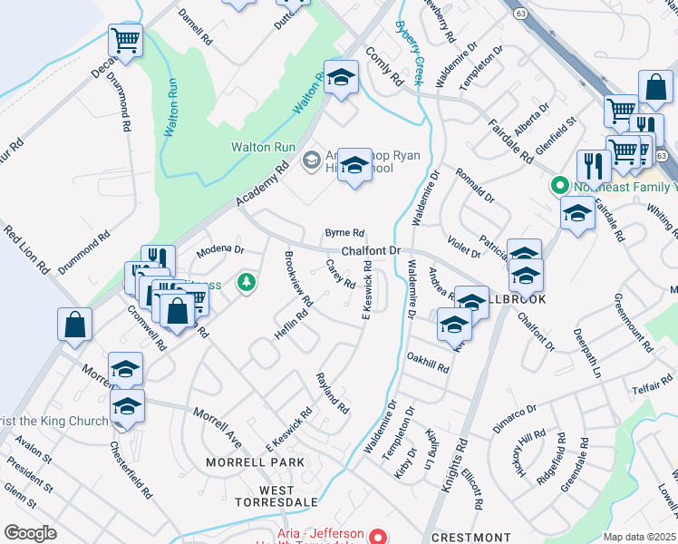 map of restaurants, bars, coffee shops, grocery stores, and more near 10930 Carey Plaza in Philadelphia