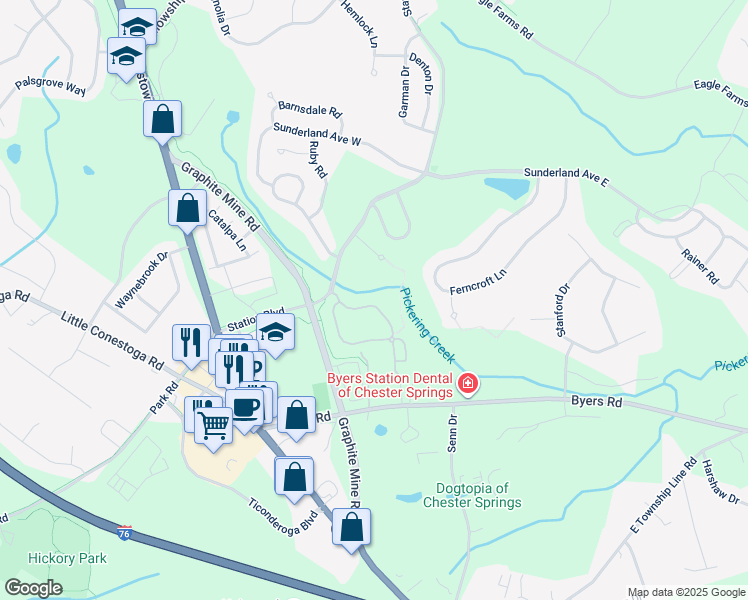 map of restaurants, bars, coffee shops, grocery stores, and more near 237 Flagstone Road in Chester Springs